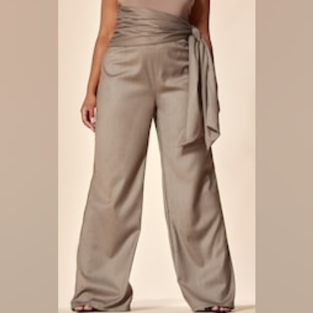 NEW Prettylittlething PTL Label Plus Grey Tie Waist Tailored Straight Leg Pants - Picture 4 of 16